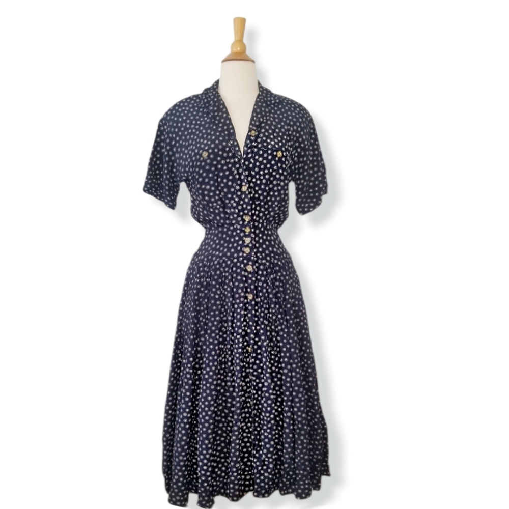 VINTAGE LIZ CLAIBORNE COLLECTION NAVY BLUE PLEATED MIDI BUTTON DOWN DRESS